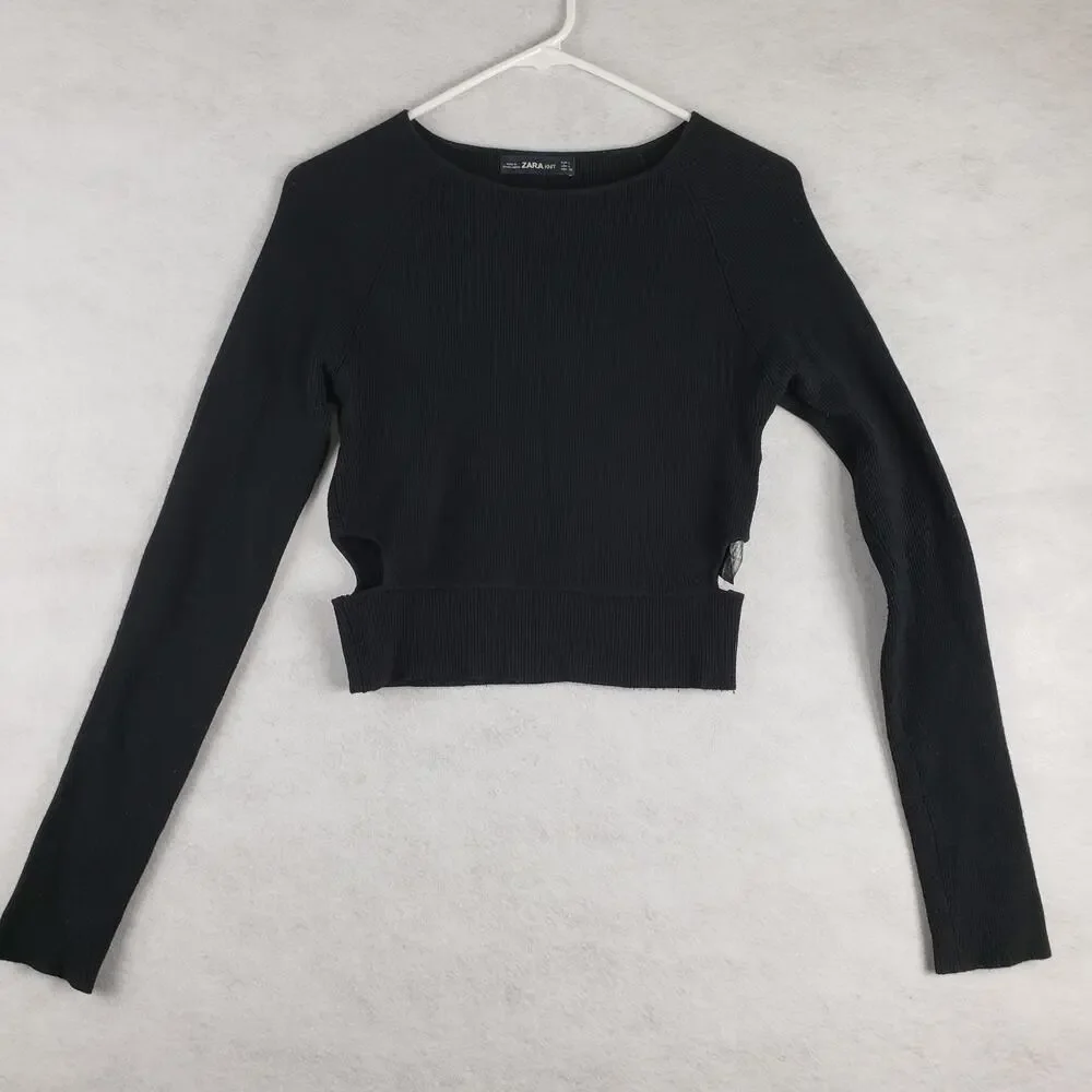 Zara Knit Women's L Long Sleeve Cutout Ribbed Crop‎ Top Solid Black Minimalist